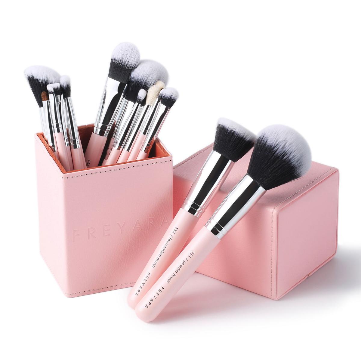FREYARA Professional Makeup Brushes 10pcs Set with Holder, Pink