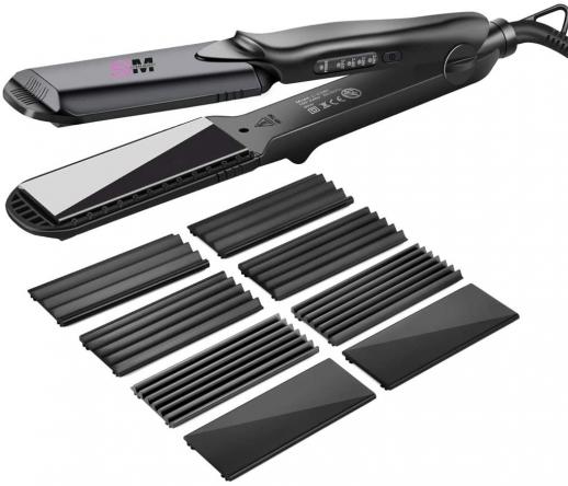 Hair Crimper and Straightener Iron, 160°C-220°C 30s Fast Heating, 4 Interchangeable Ceramic Plates, Plug Charge