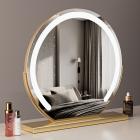 Rundt makeupspejl 60 cm stort til toiletbord, 360° roterende, Smart Touch, justerbar lysstyrke, tilslut for brug, gylden stander