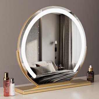 Rundt makeupspejl 60 cm stort til toiletbord, 360° roterende, Smart Touch, justerbar lysstyrke, tilslut for brug, gylden stander