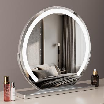 Rundt makeupspejl 60 cm stort til toiletbord, 360° roterende, Smart Touch, justerbar lysstyrke, tilsluttes for brug, sølv