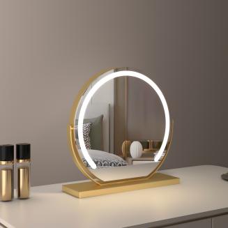 16インチ/40cm 大型ラウンドバニティミラー ドレッシングテーブル 寝室用 回転可能 3ライトモード LEDストリップ 調光可能 明るさ調節可能 プラグイン使用 ゴールドスタンド