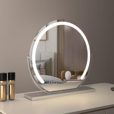 Espejo de tocador redondo grande de 50 cm para dormitorio, giratorio, 3 modos de luz, tira LED de brillo regulable, se enchufa y tiene un soporte plateado.