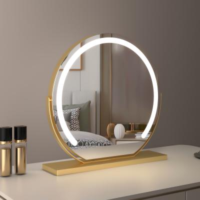 Espejo de tocador redondo grande de 50 cm para dormitorio, giratorio, 3 modos de luz, tira LED de brillo regulable, se enchufa y tiene un soporte dorado.