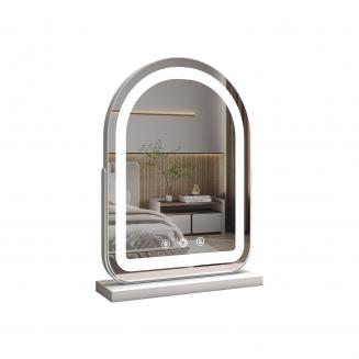 30*40cm 大型アーチ型化粧鏡、LEDストリップ付き、360度回転、3つのライトモードタッチ、調光可能な明るさ、プラグイン使用、ホワイトスタンド