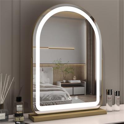 50 x 70 cm großer gewölbter Kosmetikspiegel mit LED-Streifen, 360-Grad-Drehung, 3 Lichtmodi, Touch-Funktion, dimmbare Helligkeit, Steckernetzteil, goldener Ständer
