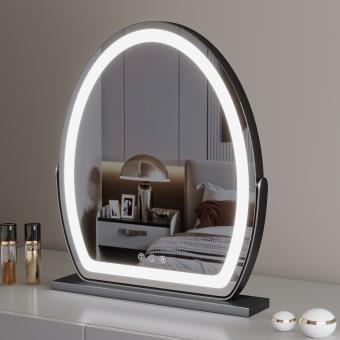 50*58cm 大型オーバルバニティミラー、LEDストリップ付き、360度回転、3つのライトモードタッチ、調光可能な明るさ、プラグイン使用、ブラックスタンド