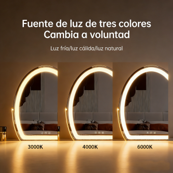 Espejo de tocador ovalado grande de 50 x 58 cm con tira de LED, rotación de 360 ​​grados, 3 modos de luz táctiles, brillo regulable, enchufable, soporte plateado