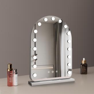 40*55cm Large Arched Vanity Mirror with 17 LED Bulbs, 360 Rotation, 3 Light Mode Touch, Dimmable Brightness, Plug in to use, White Stand 40*55cm Large Arched Vanity Mirror with 17 LED Bulbs, 360 Rotation, 3 Light Mode Touch, Dimmable Brightness, Plug in to use, White Stand