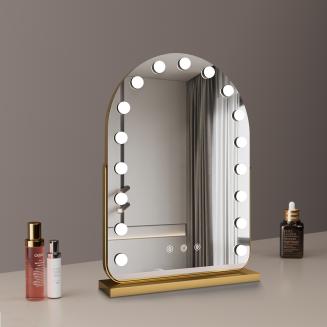 40*55cm Large Arched Vanity Mirror with 17 LED Bulbs, 360 Rotation, 3 Light Mode Touch, Dimmable Brightness, Plug in to use, Golden Stand 40*55cm Large Arched Vanity Mirror with 17 LED Bulbs, 360 Rotation, 3 Light Mode Touch, Dimmable Brightness, Plug in to use, Golden Stand