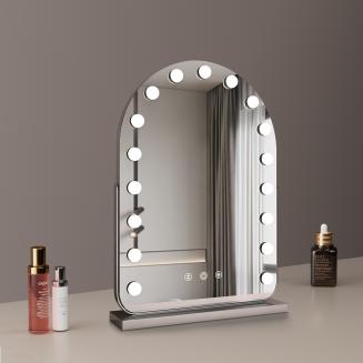 40*55cm Large Arched Vanity Mirror with 17 LED Bulbs, 360 Rotation, 3 Light Mode Touch, Dimmable Brightness, Plug in to use, Silver Stand 40*55cm Large Arched Vanity Mirror with 17 LED Bulbs, 360 Rotation, 3 Light Mode Touch, Dimmable Brightness, Plug in to use, Silver Stand