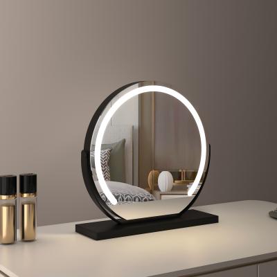 Espejo de tocador redondo grande de 40 cm para dormitorio, giratorio, 3 modos de luz, tira LED de brillo regulable, se enchufa y tiene soporte negro.