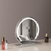 Espejo de tocador redondo grande de 40 cm para dormitorio, giratorio, 3 modos de luz, tira LED de brillo regulable, se enchufa y tiene un soporte plateado.