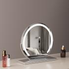 Espejo de tocador redondo grande de 40 cm para dormitorio, giratorio, 3 modos de luz, tira LED de brillo regulable, se enchufa y tiene un soporte plateado.