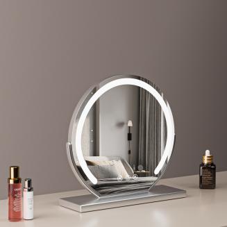 Espejo de tocador redondo grande de 40 cm para dormitorio, giratorio, 3 modos de luz, tira LED de brillo regulable, se enchufa y tiene un soporte plateado.