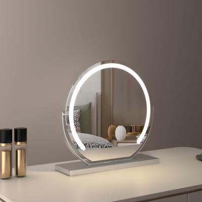 Espejo de tocador redondo grande de 40 cm para dormitorio, giratorio, 3 modos de luz, tira LED de brillo regulable, se enchufa y tiene un soporte plateado.