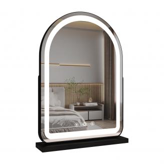 40*55cm 大型アーチ型化粧鏡、LEDストリップ付き、360度回転、3つのライトモードタッチ、調光可能な明るさ、プラグイン使用、ブラックスタンド