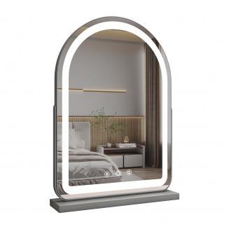 40*55cm 大型アーチ型化粧鏡、LEDストリップ付き、360度回転、3つのライトモードタッチ、調光可能な明るさ、プラグイン使用、シルバースタンド