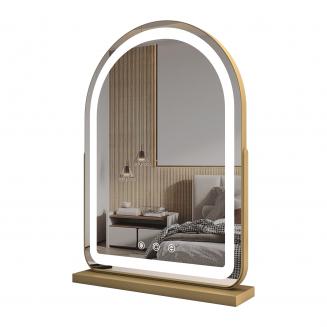 40*55cm 大型アーチ型化粧鏡、LEDストリップ付き、360度回転、3つのライトモードタッチ、調光可能な明るさ、プラグイン使用、ゴールドスタンド