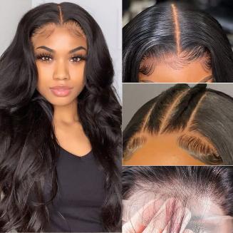 4x4 Perruques Lace Frontal Naturels Cheveux Humains, Vague Corps, 180% Densité, Délié Pré-plumé, 28inch/70cm 4x4 Perruques Lace Frontal Naturels Cheveux Humains, Vague Corps, 180% Densité, Délié Pré-plumé, 28inch/70cm