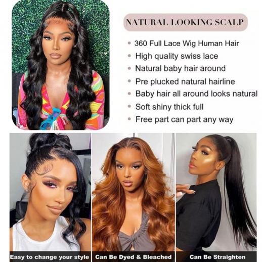 FREYARA 360 Lace Front Wigs Human Natural Hair, Body Wave, 150% Density,  Pre Plucked Hairline, 28inch/70cm