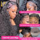 13x4 Lace Front Wigs Human Natural Hair, Deep Wave, 180% Density, Pre Plucked Hairline, 26inch/65cm