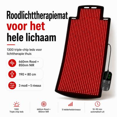 FREYARA Grote 190 × 80 cm Roodlichttherapie Mat met 1300 LEDs – 660nm + 850nm Rood- en Infraroodlichttherapie voor Lichaam, Rug, Taille, Schouders, Knieën en Gewrichten, Pijnverlichting en Verbeterde Slaap