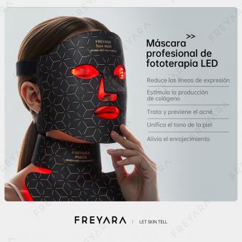 Tratamiento antienvejecimiento integral: máscara de silicona con terapia LED de cuatro colores. Reafirma y levanta la piel del rostro y el cuello, a la vez que ilumina la tez. Cuenta con 480 perlas LED.