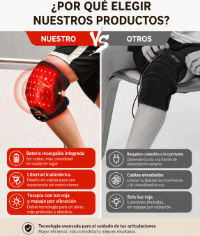 Rodillera de terapia de luz roja inalámbrica de 56 LED con batería de 3000 mAh para aliviar la artritis y el dolor deportivo.
