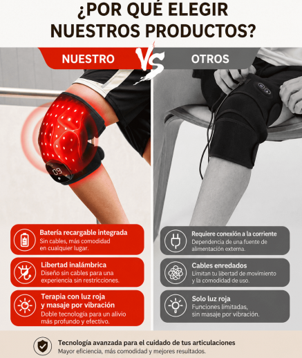 Rodillera de terapia de luz roja inalámbrica de 56 LED con batería de 3000 mAh para aliviar la artritis y el dolor deportivo.