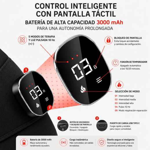 Rodillera de terapia de luz roja inalámbrica de 56 LED con batería de 3000 mAh para aliviar la artritis y el dolor deportivo.