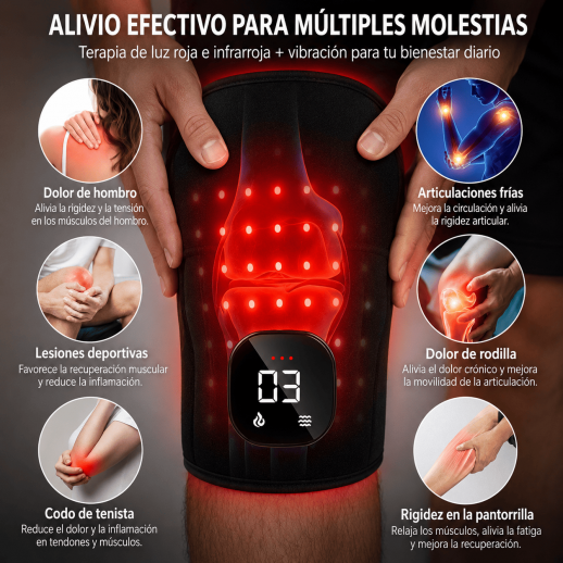 Rodillera de terapia de luz roja inalámbrica de 56 LED con batería de 3000 mAh para aliviar la artritis y el dolor deportivo.