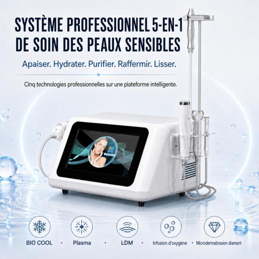 Appareil professionnel de beauté 5-en-1 pour peaux sensibles – apaise rapidement les rougeurs, les sensations de brûlure et les picotements, raffermit, hydrate et calme les inflammations