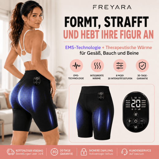 Strafferer Po ohne Fitnessstudio – EMS- und TENS-Technologie für die Straffung von Po, Bauch und Oberschenkeln im Alltag – FREYARA EMS-BodyFirming  J12