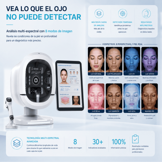 Máquina de análisis facial inteligente K33 para la piel: 8 modos de imagen espectral | Captura con 3 cámaras de 180° | Pantalla de 15,6 pulgadas | Más de 30 indicadores de piel | Algoritmos personalizados para todos los tonos de piel | Microscopio portáti