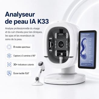 K33 Analyseur de Peau IA Professionnel – 8 Spectres d’Imagerie | Système 3 Caméras 180° | Écran 15,6” | 30+ Indicateurs Avancés | Algorithmes Multi-Types de Peau | Microscope 50X Cuir Chevelu