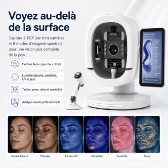 K33 Analyseur de Peau IA Professionnel – 8 Spectres d’Imagerie | Système 3 Caméras 180° | Écran 15,6” | 30+ Indicateurs Avancés | Algorithmes Multi-Types de Peau | Microscope 50X Cuir Chevelu