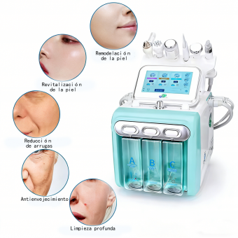 Dispositivo profesional seis en uno para el rejuvenecimiento facial hidratante, que integra microdermoabrasión, lifting biofacial, hidratación y infusión de hidrooxígeno, diseñado específicamente para el cuidado de la piel y los tratamientos de belleza.