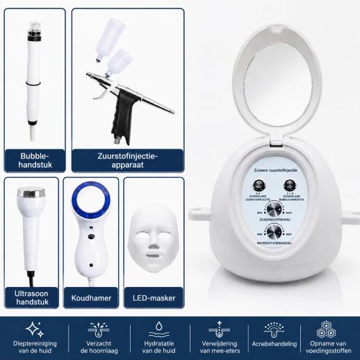 HOBA - FacialClean 5-in-1 Hydraterend Gezichts- en Poriënreinigingsapparaat met Kleine Bubbels – Uitgebreid Huidmanagement, Mee-eterverwijdering en Seruminfusie voor Professionele Sparesultaten Thuis