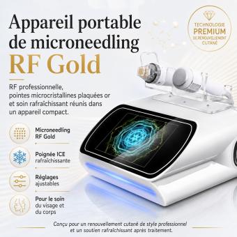 Appareil professionnel de microneedling RF à l'or pour le visage et le corps avec marteau de glace pour resserrer les pores, combler les cicatrices d'acné, lifter la peau relâchée, estomper les rides, réguler l'excès de sébum et réduire les points noirs.