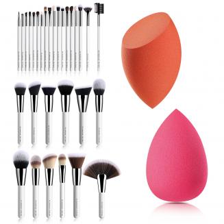 Set 30pcs de Brochas de Maquillaje Profesional Blanco con Esponja 2pcs