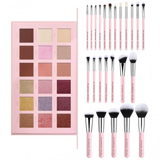 Professional Makeup Brushes Set 25pcs Glitter Pink with Golden Rose Eyeshadow Palette