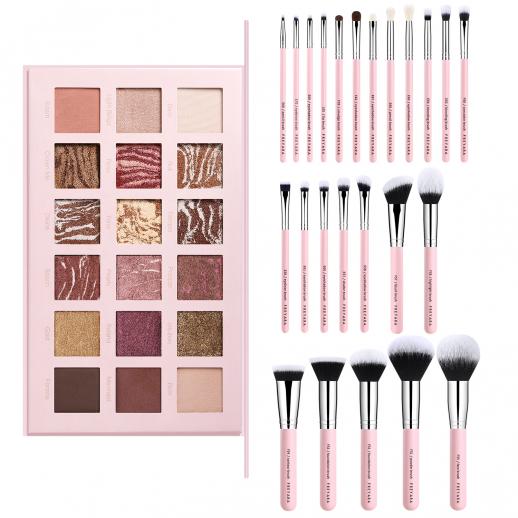 Professional Makeup Brushes Set 25pcs Glitter Pink with Dark Nude Eyeshadow Palette