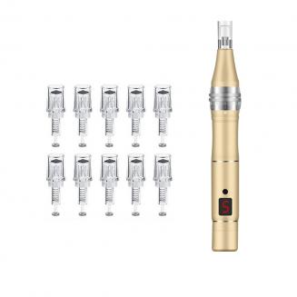 Derma Pen eléctrico con microagujas, Aial ajustable, con reemplazo de 10 piezas de cartuchos nano, 3x3 mm, 49 agujas 57 nm de diámetro, 80 μm de longitud