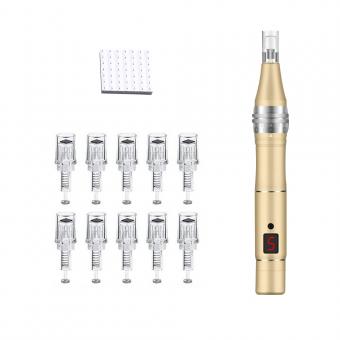 Derma Pen eléctrico con microagujas, Aial ajustable, con reemplazo de 10 piezas de cartuchos nano, 3x3 mm, 49 agujas 57 nm de diámetro, 80 μm de longitud