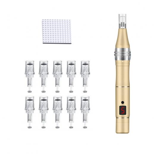 Electric Microneedling Derma Pen, Adjustable Aial, with 10pcs Nano Cartridges Replacement, 5x5mm, 144 Needles 57nm Diam,180μm Length