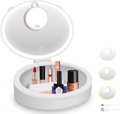Portable Miroir de Maquillage LED 1X/10X avec Organiseur, 3 Modes d'éclairage