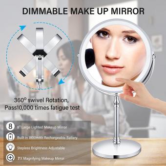 Miroir Coiffeuse 1x/7x Grossissant LED Miroir de Maquillage, 8" Miroir de Table Double Face, 360° Rotation, 3 Modes d'éclairage, USB Rechargeable