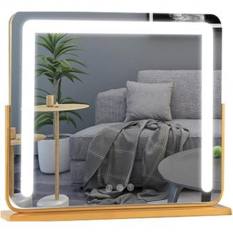 Großer Make-up Kosmetikspiegel 50*42cm mit LED Streifen, 3 Farben Mode, Smart Touch, Einstellbare Helligkeit, EU Plug, Gold
