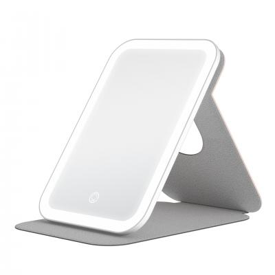 Espejo de maquillaje LED plegable, rotación de 360°, 3 modos de iluminación, recargable por USB